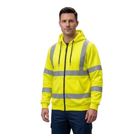 Male model wearing custom yellow hi-vis zip-up hoodie with silver reflective strips – front view custom workwear
