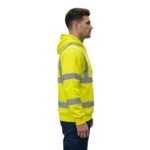 Male model wearing custom yellow hi-vis zip-up hoodie with silver reflective strips – side view custom workwear