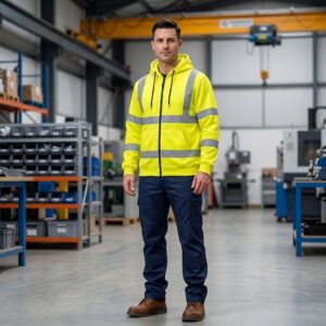 Male model wearing custom yellow hi-vis hoodie with silver reflective strips in industrial warehouse – custom workwear