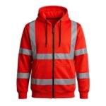 Custom red hi-vis zip-up hoodie with silver reflective strips and kangaroo pocket – custom workwear sweatshirt