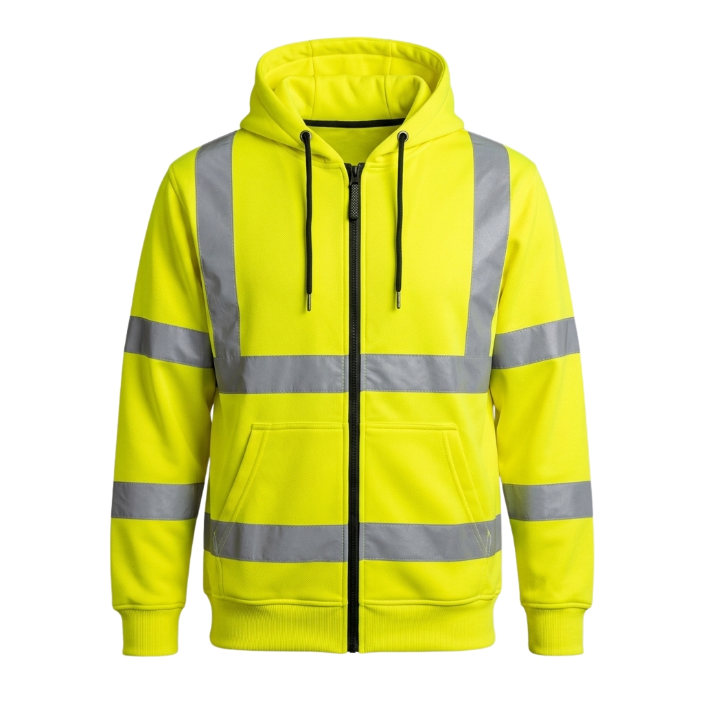 hi vis hoodie Custom yellow hi-vis zip-up hoodie with silver reflective strips and kangaroo pocket – custom workwear sweatshirt