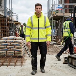 Male model wearing custom bright yellow hi-vis safety jacket with silver reflective strips at construction site – custom workwear
