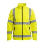 Custom bright yellow high-visibility softshell safety jacket with silver reflective strips – custom workwear jacket