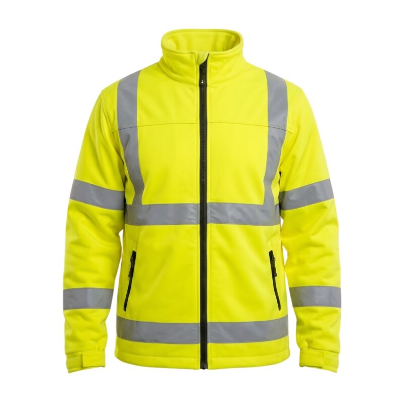 Custom bright yellow high-visibility softshell safety jacket with silver reflective strips – custom workwear jacket