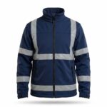 Custom dark slate blue hi-vis softshell safety jacket with silver reflective strips – custom workwear jacket