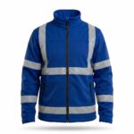 Custom deep royal blue hi-vis softshell safety jacket with silver reflective strips – custom workwear jacket