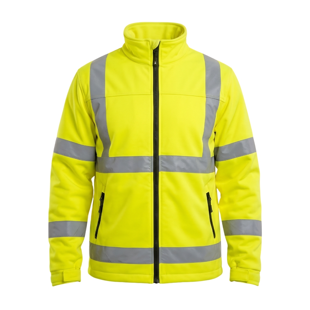 high visibility jacket Custom bright yellow high-visibility softshell safety jacket with silver reflective strips – custom workwear jacket