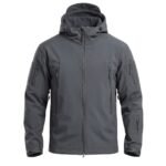Hiking jacket front view on plain background.