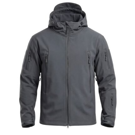 Hiking jacket front view on plain background.