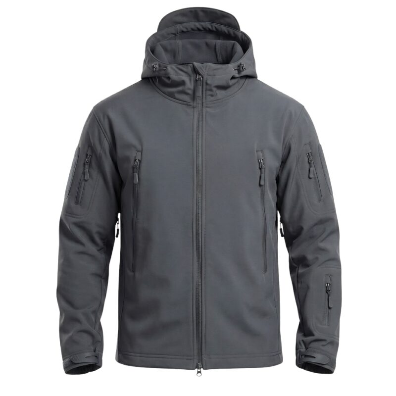 Hiking jacket front view on plain background.