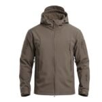 Taupe brown hiking jacket front view on plain background.