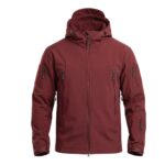 Wine red hiking jacket front view on plain background.