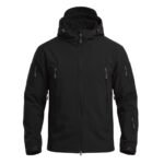 Black hiking jacket front view on plain background.