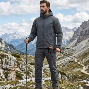 Hiker wearing a jacket standing on a trail with mountains in the background.