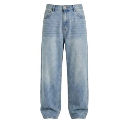 Hip-hop baggy jeans laid out to showcase loose-fit streetwear style.
