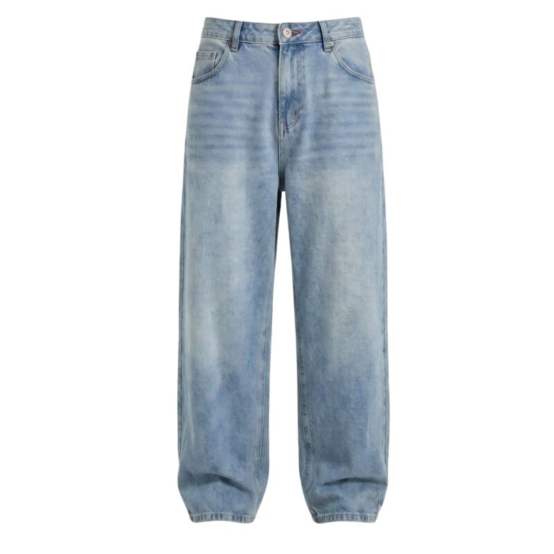 Hip-hop baggy jeans laid out to showcase loose-fit streetwear style.