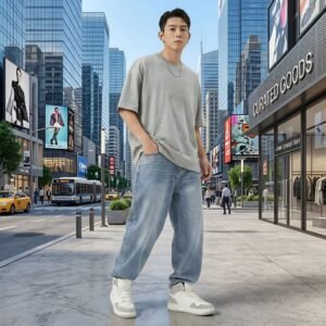 Hip-hop baggy jeans on a model with a city background.