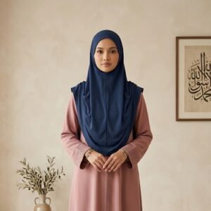 Muslim woman wearing a hijab, posing in front of an Islamic-inspired background