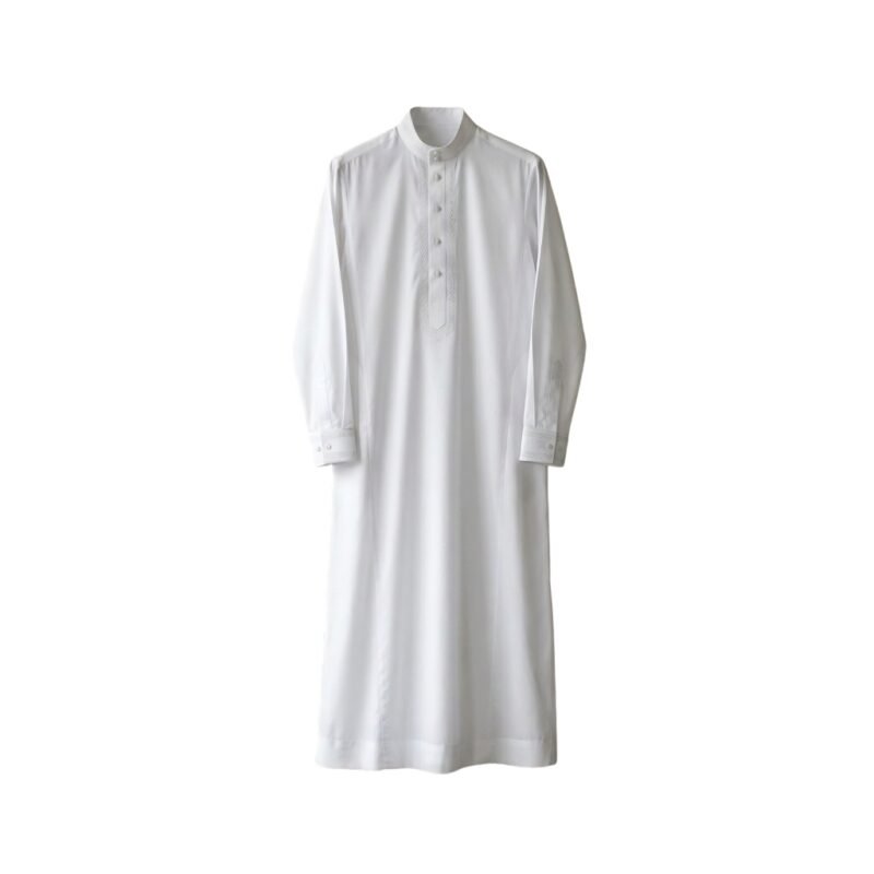 Traditional white kandura thawb displayed on a plain background.