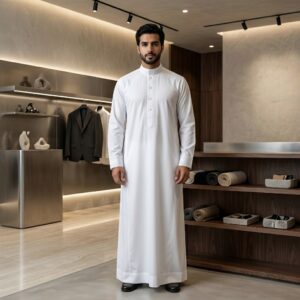 Model wearing a traditional kandura thawb in front of a fashion-forward background.