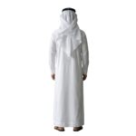 Back view of a model wearing a traditional white kandura thawb.