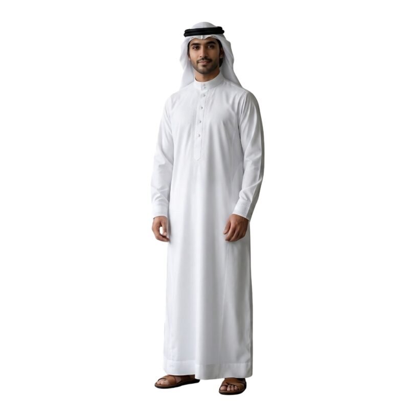 Front view of a model wearing a traditional white kandura thawb.
