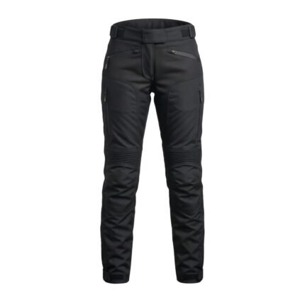 Ladies’ motorbike pants displayed on a plain background, showing full-length protective riding trousers for women.