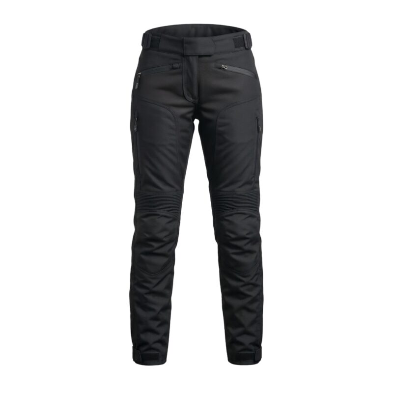 Ladies’ motorbike pants displayed on a plain background, showing full-length protective riding trousers for women.