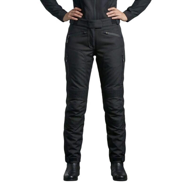 Female model wearing ladies’ motorbike pants front view, showing full-length protective riding trousers and fit.
