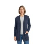 Woman wearing a long cardigan for women, front view, on white background