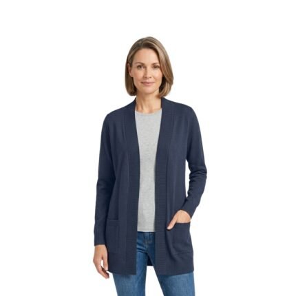 Woman wearing a long cardigan for women, front view, on white background