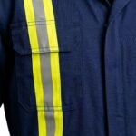 Close-up of men’s coverall fabric showing smooth weave, stitching, and durable construction.