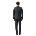 Male model wearing a black three‑piece suit with black tie, back view on a plain background.