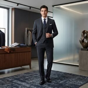 Male model wearing a stylish black three‑piece suit with black tie, posing against a plain background.