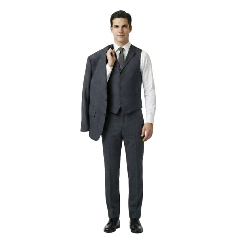 Close‑up waist view of a men’s three‑piece suit showing waistcoat, trousers, and belt detail.