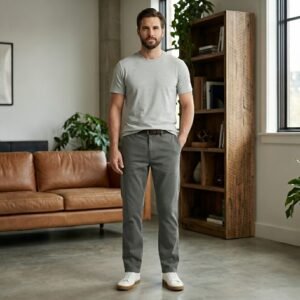 Background view of men’s casual pants on a plain surface.