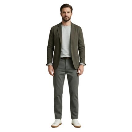 Front view of a model wearing men’s casual pants.