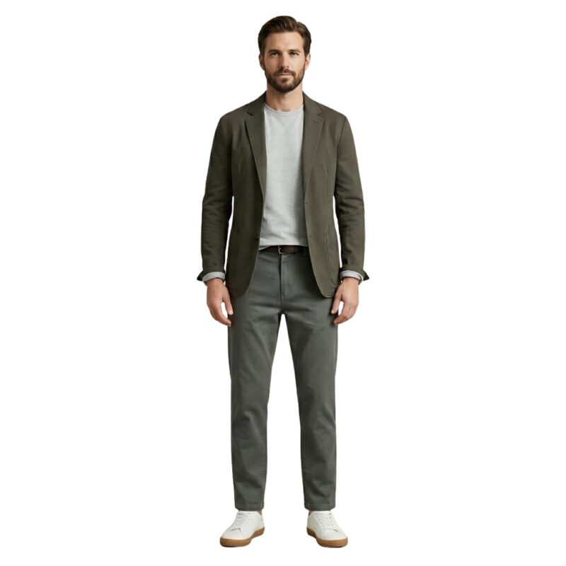 Front view of a model wearing men’s casual pants.