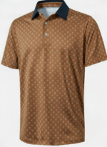 Collection of men’s printed golf polo shirts in multiple vibrant colors laid flat, each featuring an all‑over pattern, classic collar, and short sleeves.