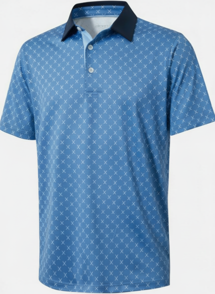 Front view of a men’s printed golf polo shirt laid flat, featuring an all‑over pattern, classic collar, three‑button placket, and short sleeves.