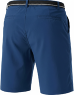 Back view of men’s classic‑fit stretch golf shorts on a model, showing the waistband, belt loops, and back pockets in lightweight stretch fabric