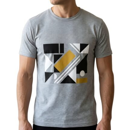 Front view of a model wearing a men’s graphic tee.