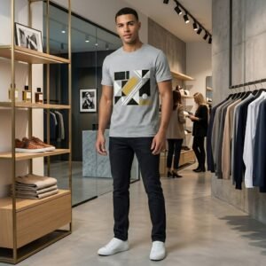 Men’s graphic tee on a model with a fashionwear studio background.