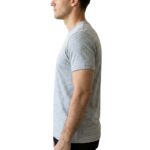 Side view of a model wearing a men’s graphic tee.