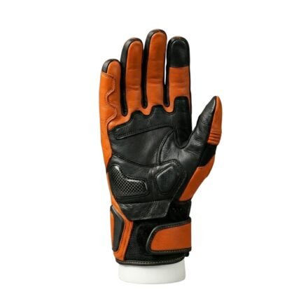 Pair of men’s motorbike gloves front view on a plain background.