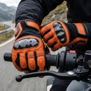Man wearing men’s motorbike gloves while riding a motorcycle on the road.
