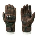 Pair of men’s motorbike gloves in dark olive brown color on a plain background.