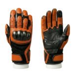 Front and backside view of a pair of men’s motorbike gloves on a plain background.