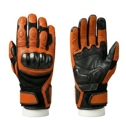 Front and backside view of a pair of men’s motorbike gloves on a plain background.