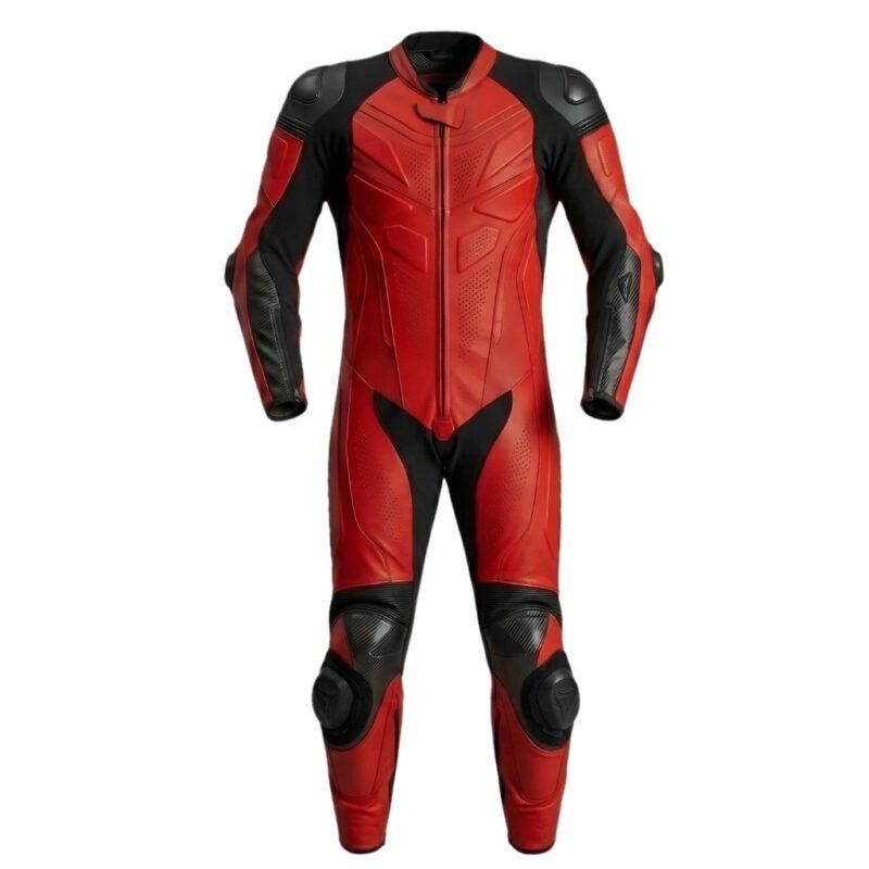 Men’s motorbike suit displayed on a plain background, showing full-length protective one-piece riding suit for male riders.